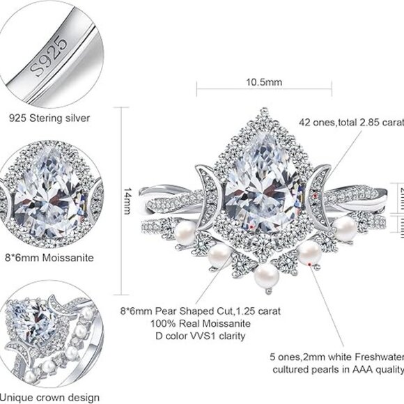 1.2ct Pear 925 Silver Hypoallergenic D Color VVS1 Moissanite Wedding Ring - Picture 6 of 6